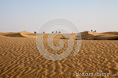 Camel Caravan Horizon Sand dunes Foreground Blue Sky Stock Photo