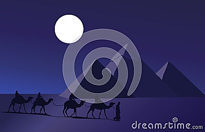 Camel Caravan and the Pyramids Cartoon Illustration