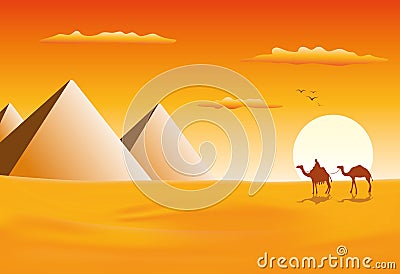 Camel caravan at the pyramids of Giza Vector Illustration