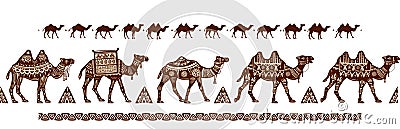 Camel caravan Seamless pattern with ethnic motifs Vector Illustration