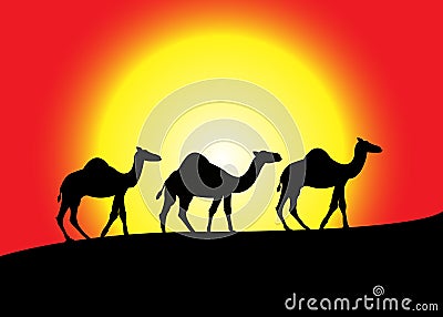 Camel Caravan Silhouette at Sunset Stock Photo