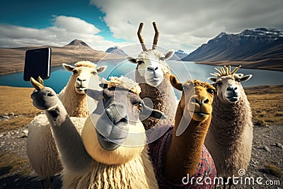 Camel caravan taking selfie with mobile phone in the highlands of Iceland Stock Photo