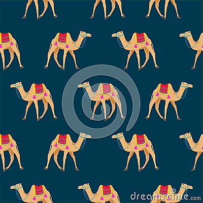 Camel cartoon vector seamless pattern on blue. Vector Illustration