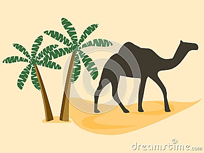 Camel in the desert, palm trees. Vector illustration. Vector Illustration