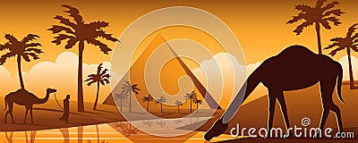 Camel drink water in oasis desert nearby Pyramid,silhouette cartoon design Vector Illustration