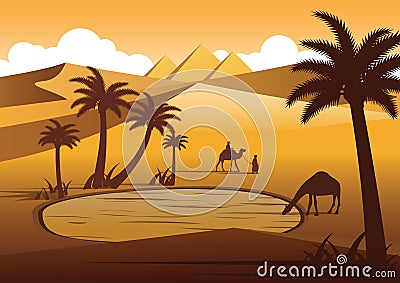 Camel drink water in oasis desert nearby Pyramids,silhouette design Vector Illustration