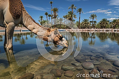 camel drinking water from clear oasis pond, palm trees in background Stock Photo