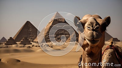 Camel in front of pyramids. Travel Concept. Background with a copy space. Stock Photo