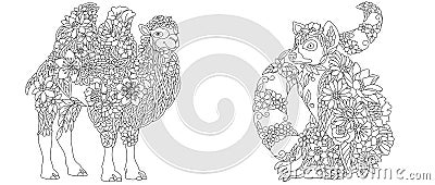 Camel and lemur coloring pages Vector Illustration