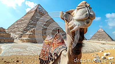 a camel poses against the backdrop of landmarks, the Egyptian pyramids in Giza. Travel postcard to commemorate your visit to Egypt Stock Photo