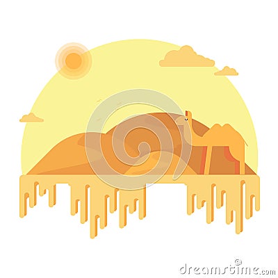 A camel stands in the background of the dunes. Around the hot sandy desert. Vector Illustration