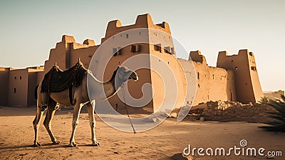 A camel stands in front of a castle in the desert of Morocco Stock Photo