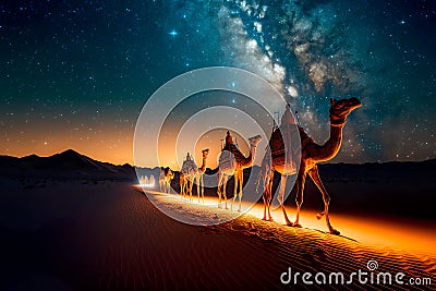 Camel train on the background of the night starry sky Generative AI Stock Photo