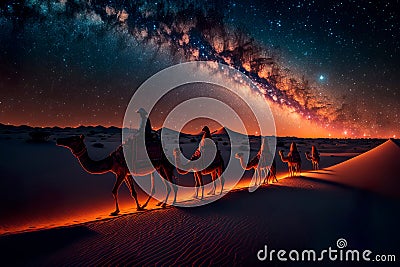 Camel train on the background of the night starry sky Generative AI Stock Photo