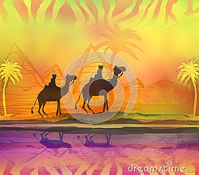 Camel train silhouetted against colorful sky crossing the Sahara Cartoon Illustration