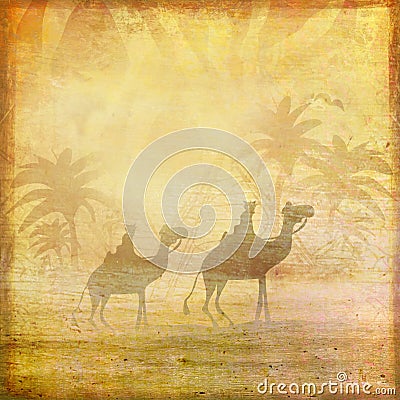 Camel train silhouetted against sky crossing the Sahara Desert Stock Photo