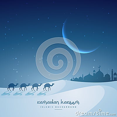 Camel walking towards masjid ramadan kareem festival greeting Vector Illustration