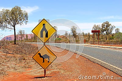 Camel warning road sign in Uluru Kata Tjuta National Park Editorial Stock Photo