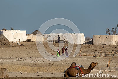 camel and water carrier women with mud pots of water in the desert areas Editorial Stock Photo