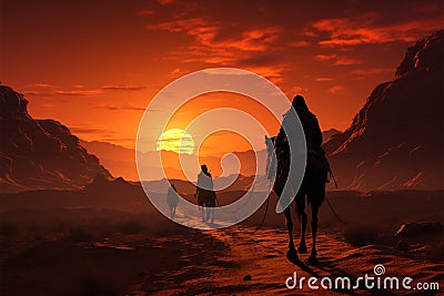 Cameleer and camels create striking silhouettes against the desert sunset Stock Photo