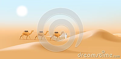 Cameleer men with camels caravan in a desert landscape, man leading animals in dune, 3d illustration Vector Illustration