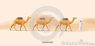 Cameleer men with camels caravan in a desert landscape, man leading animals and goods, 3d illustration Vector Illustration