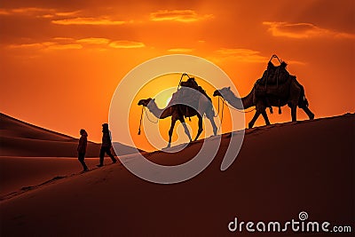 Cameleers guide camels through Thar Desert at picturesque sunset Stock Photo