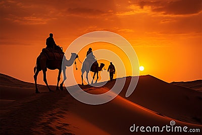 Cameleers guide camels through Thar Desert at picturesque sunset Stock Photo