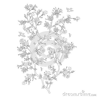 Camellia blossom tree With sparrow, finches, butterflies, dragonflies. Vector Illustration