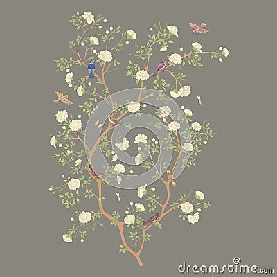 Camellia blossom tree With sparrow, finches, butterflies, dragonflies. Vector Illustration