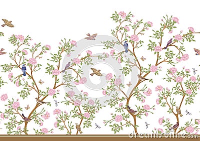 Camellia blossom tree With sparrow, finches, butterflies, dragonflies Cartoon Illustration