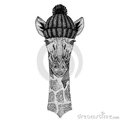 Camelopard, giraffe Cool animal wearing knitted winter hat. Warm headdress beanie Christmas cap for tattoo, t-shirt Vector Illustration