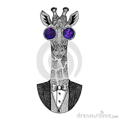 Camelopard, giraffe Hipster animal Hand drawn image for tattoo, emblem, badge, logo, patch Cartoon Illustration