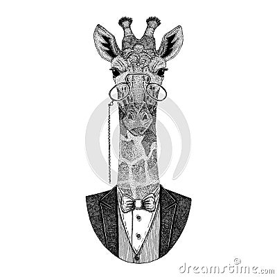 Camelopard, giraffe Hipster animal Hand drawn image for tattoo, emblem, badge, logo, patch Cartoon Illustration