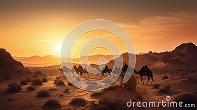 Camels in a desert environment with beautiful light conditions Stock Photo