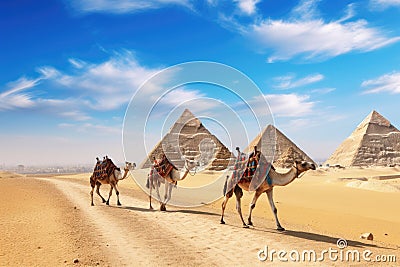 Camels in Giza pyramids, Cairo, Egypt, Africa, pyramids giza cairo in egypt with camel caravane panoramic scenic view, AI Stock Photo