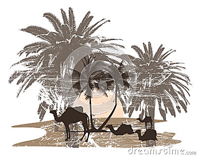 camels and palm tree Vector Illustration