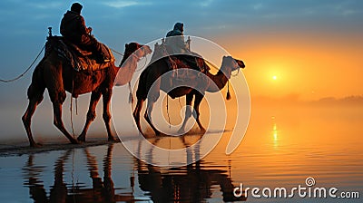 Camels with riders in sunset. Caravan in desert Stock Photo