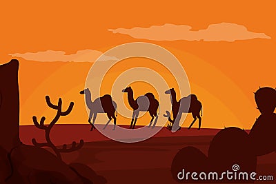 Camels walking on desert silhouette Vector Illustration