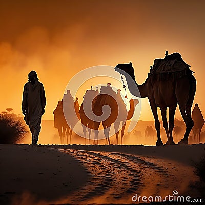 Camels walking by with the human during sunrise in Indian desert Cartoon Illustration