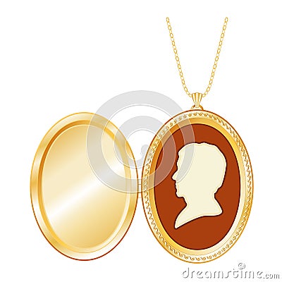 Cameo Locket, Vintage Gentleman, Antique Gold Keepsake Jewelry, Necklace Chain, isolated on white Vector Illustration