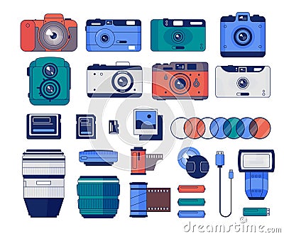 Camera and accessories. Camera equipment tripod and filters, dslr with lens and flash, photography camera accessories Vector Illustration