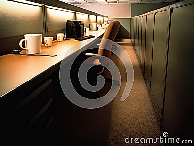 Empty office cubicle during morning coffee break Stock Photo