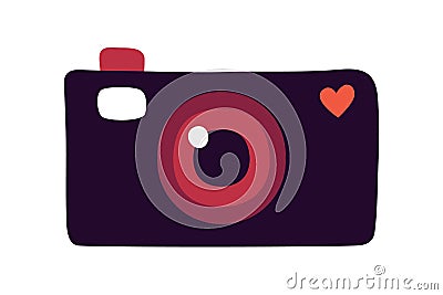 Camera doodle style. Flash heart. Photograph. Front view of DSLR camera. Lens of technology. Heart shape. To take photo Vector Illustration