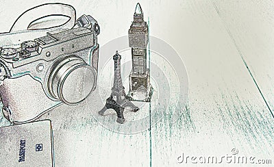 Camera, Eiffel Tower model, Big Ben model, Passport Cartoon Illustration