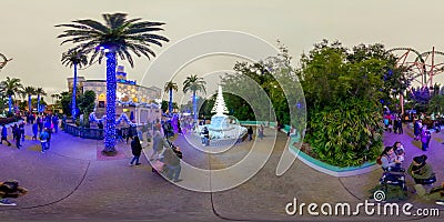 360 camera equirectangular photo Busch Gardens Tampa Florida holiday lights decoration Editorial Stock Photo