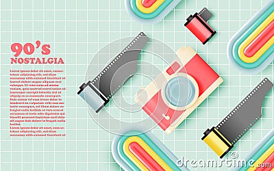 Camera and film with 90's nostalgia concept theme Vector Illustration