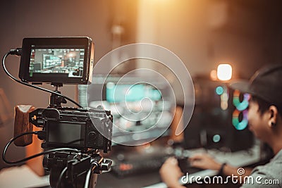 Camera film set on the tripod equipment gear in the studio of blogger Stock Photo