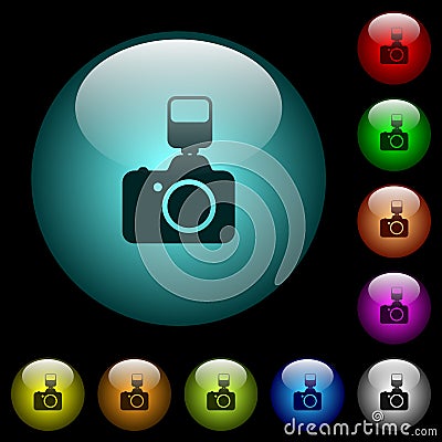 Camera with flash icons in color illuminated glass buttons Stock Photo