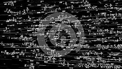 Camera flying through mathematical equations and formulas. Animation. Light core explosion into many different Stock Photo